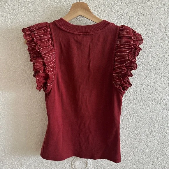 Anthropologie Burnt Red Fall Lurex Ruffle Sleeve Metallic Tank Blouse Shirt Sz S - Picture 6 of 9